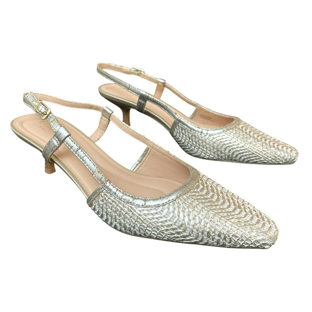 New Kenneth Cole Reaction Maggie Natural Gold Raffia Slingback Kitten Heels Size